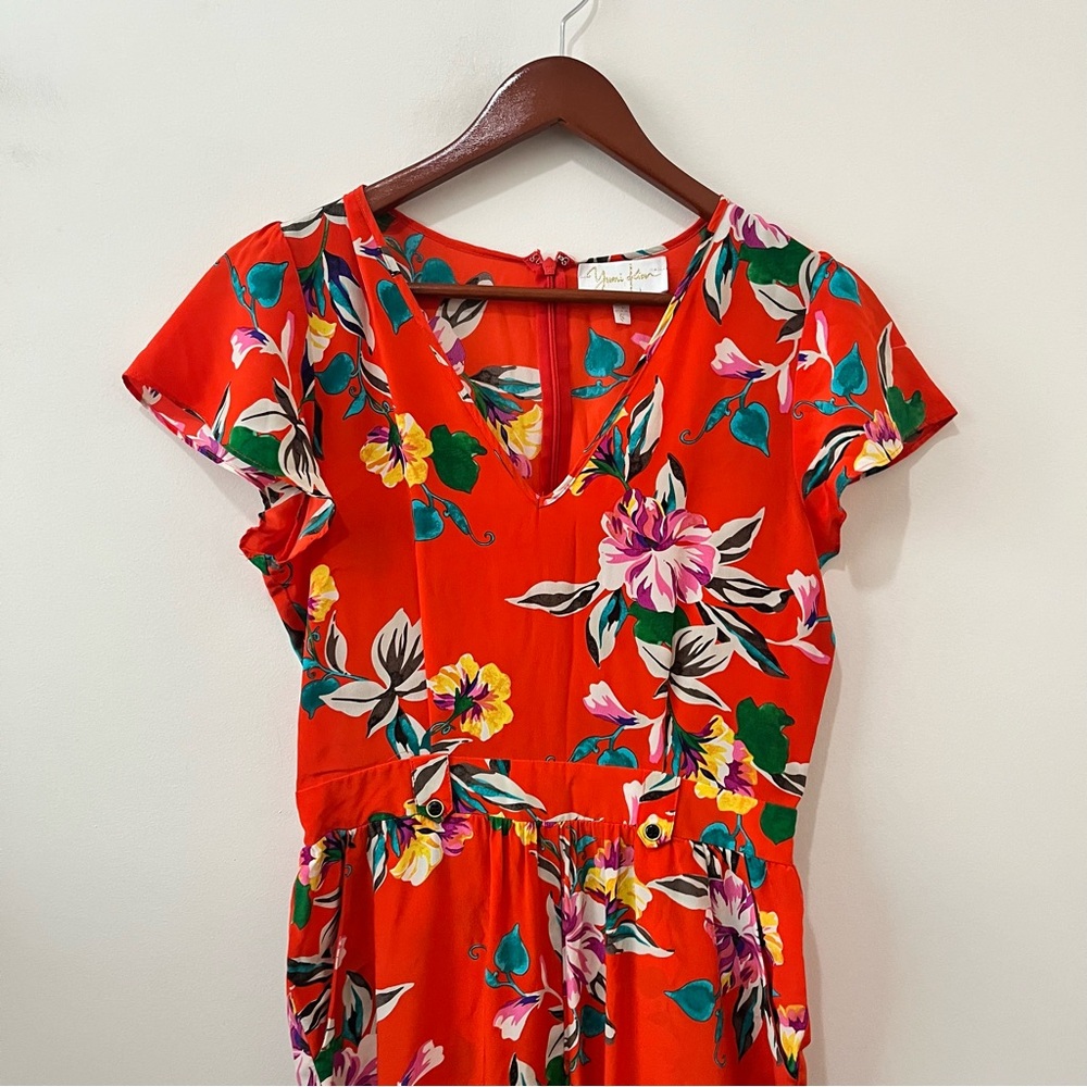 Yumi Kim 100% Silk Red Floral Jumpsuit S Vacation Vibrant Tropical Chic - Picture 5 of 12